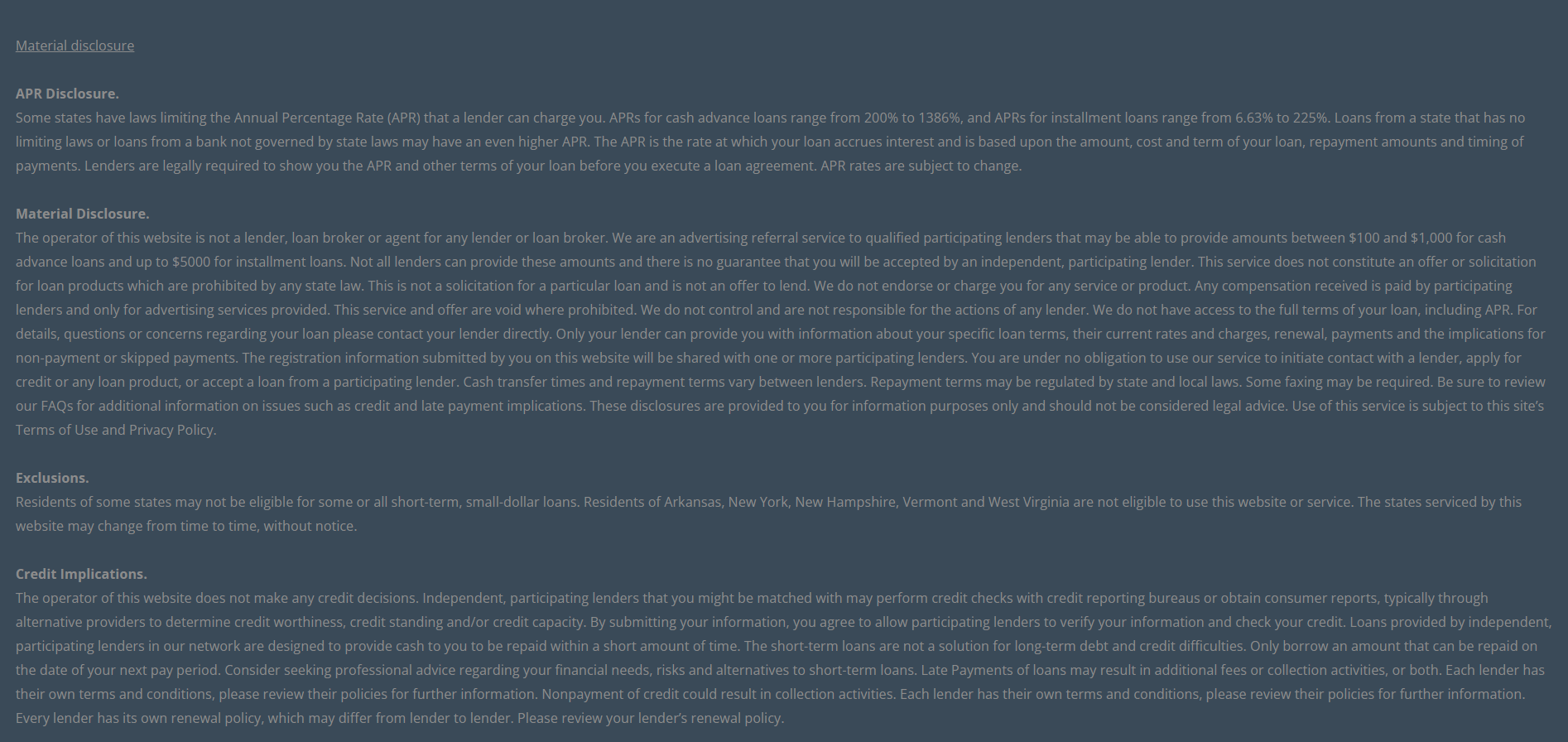 Material disclosure for payday loans in Bloomington Illinois